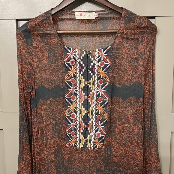 JOHNNY Was 4 Love And Liberty Aztec Tunic 100% Silk Embroidered Sheer Small NWT - Picture 8 of 16